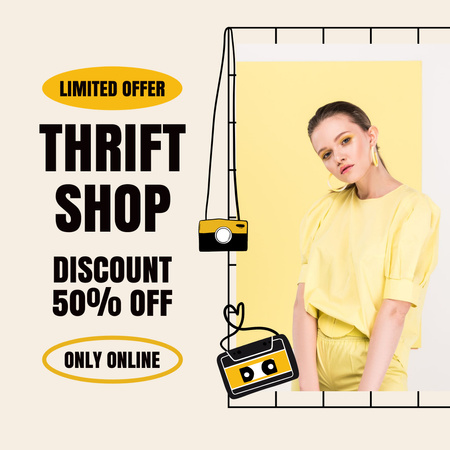 Woman in yellow for thrift shop Instagram ADデザインテンプレート