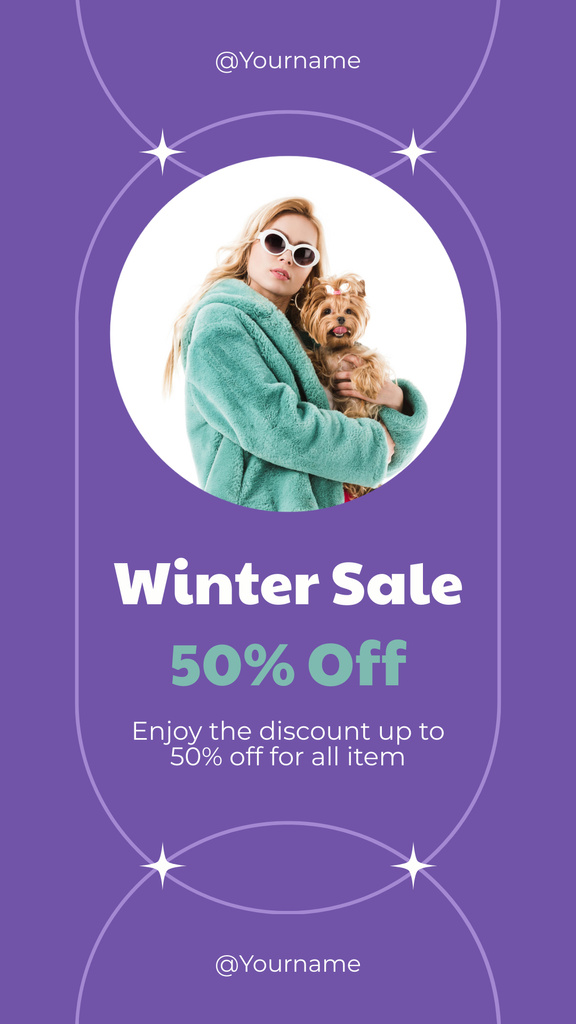 Winter Sale Announcement with Woman and Cute Dog Instagram Story Modelo de Design