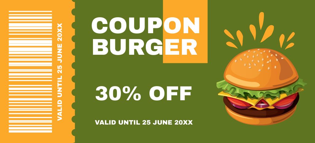 Burger Discount Offer on Green and Yellow Coupon 3.75x8.25in Šablona návrhu