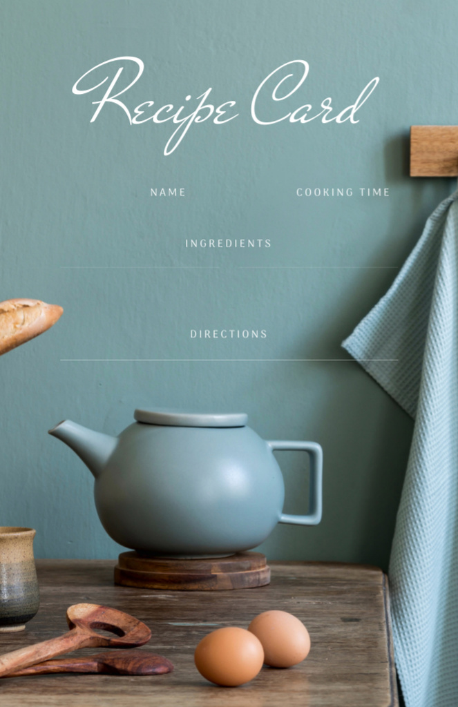 Teapot on Wooden Table with Eggs Recipe Card Modelo de Design