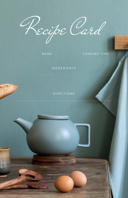Teapot on Wooden Table with Eggs Recipe Card Modelo de Design