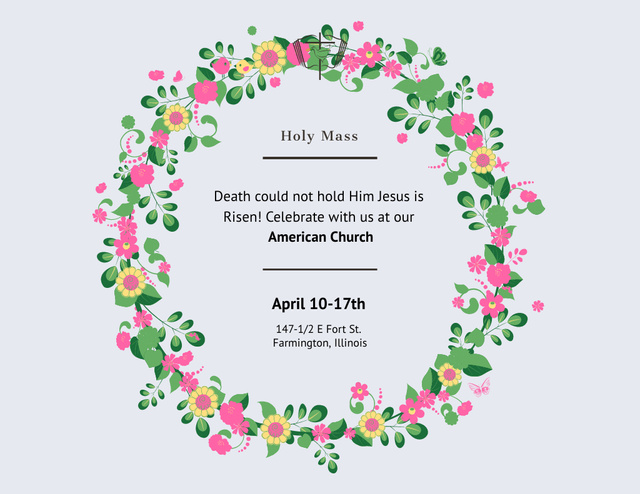 Easter Religious Services Schedule with Illustration of Wreath Flyer 8.5x11in Horizontal Design Template