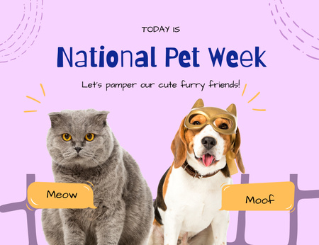 National Pet Week with Cat and Dog Thank You Card 5.5x4in Horizontal Design Template