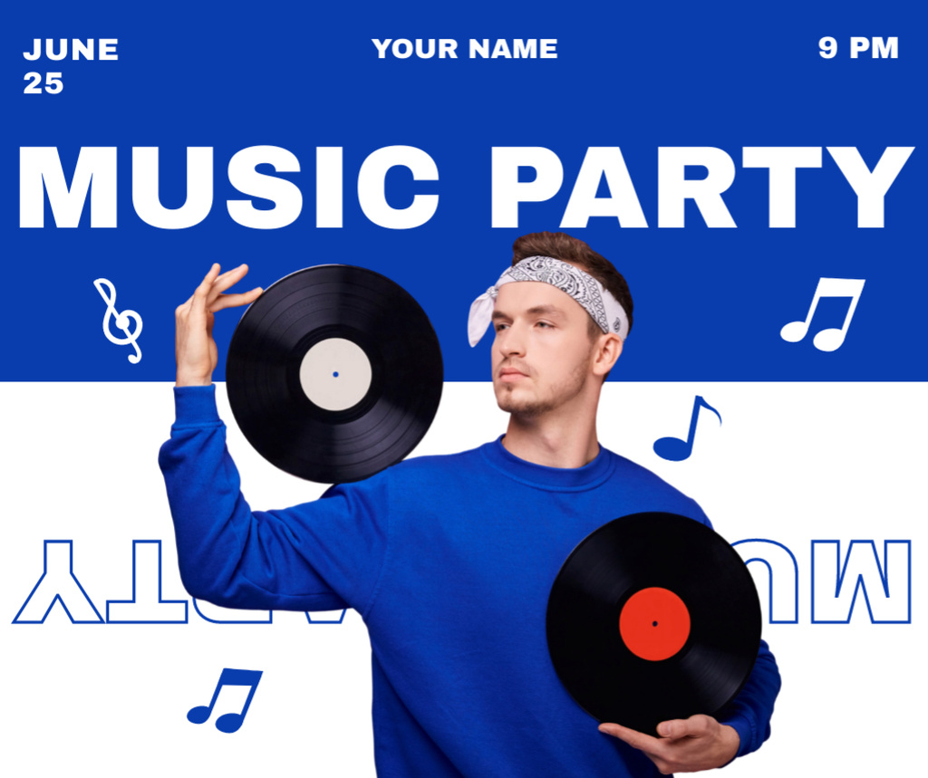 Young Man Music Party Invitation with Vinyl Records Facebook Šablona návrhu