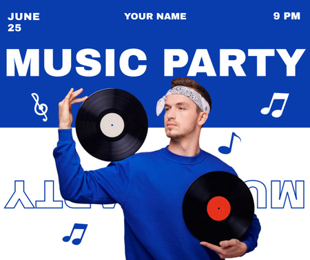 Young Man Music Party Invitation with Vinyl Records Facebook Design Template