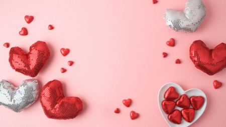 Comemoração do Dia dos Namorados com corações vermelhos e prateados Zoom Background Modelo de Design