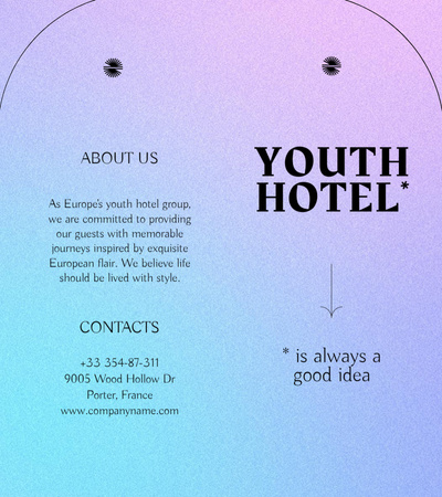 Plantilla de diseño de hotel juvenil promo en púrpura Brochure 9x8in Bi-fold 