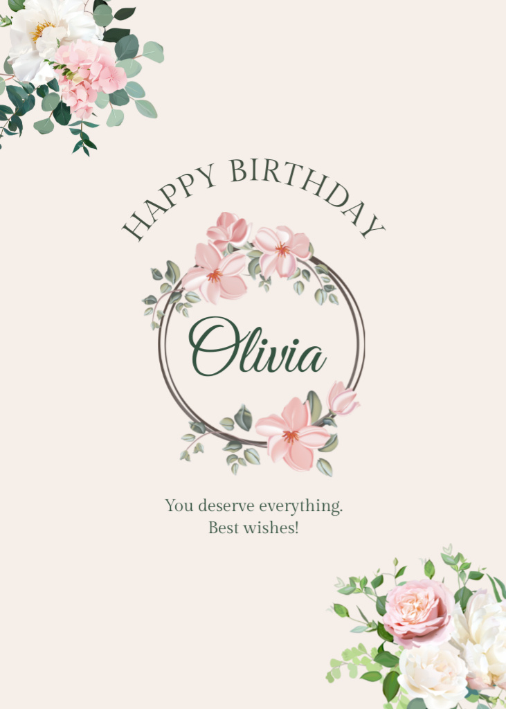 Template di design Happy Birthday Holiday Greeting with Pink Roses Postcard 5x7in Vertical