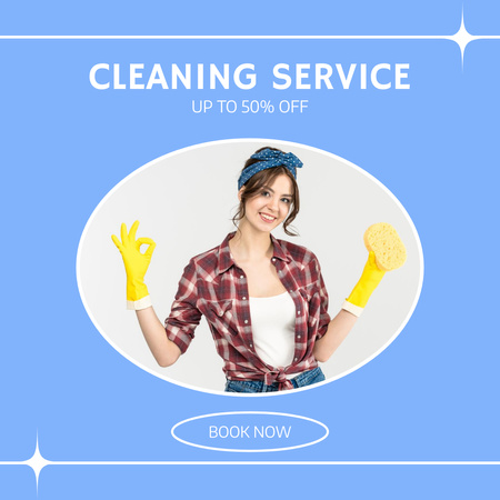 Cleaning Services Ad with Woman in Yellow Gloves Instagram Design Template