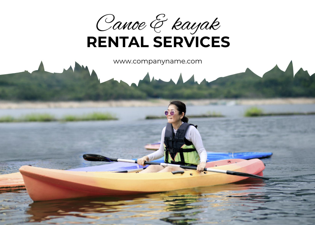Ontwerpsjabloon van Postcard 5x7in van Kayak And Canoe Rental Services With Scenic Landscape of Water