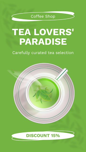 Designvorlage Warm Green Tea With Discount In Coffee Shop für Instagram Story