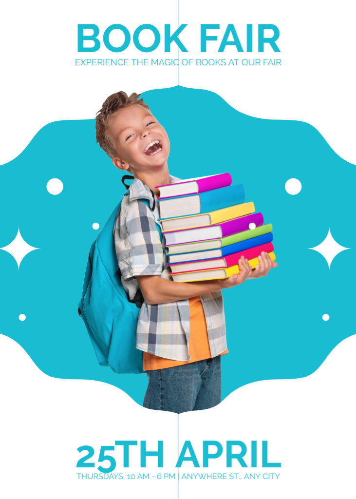 Book Fair Ad with Boy holding Books Flayer Modelo de Design