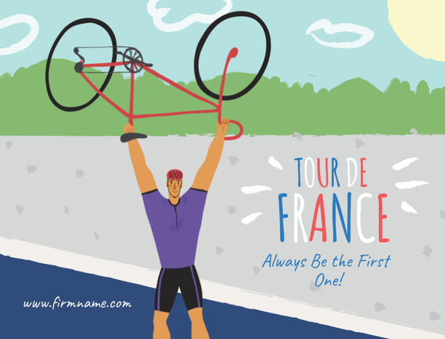 Plantilla de diseño de Tour De France Ad With Man Holding Bike Postcard 4.2x5.5in 