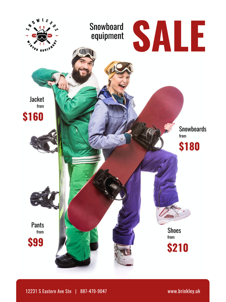 Snowboarding Equipment Sale with People in Apparel Poster 36x48in Design Template