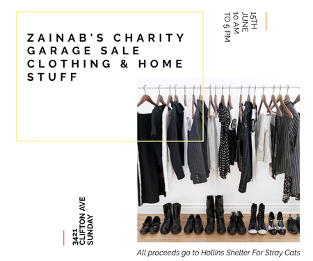 Plantilla de diseño de Charity Sale Announcement Black Clothes on Hangers Large Rectangle 