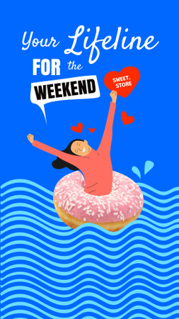 Ontwerpsjabloon van Instagram Story van grappige illustratie van meisje drijvend in donut