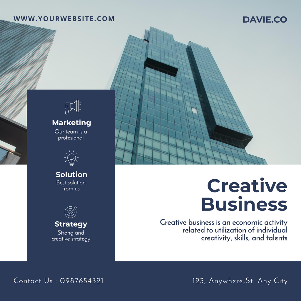 Creative Business Solutions Ad with Futuristic Office Building LinkedIn post tervezősablon