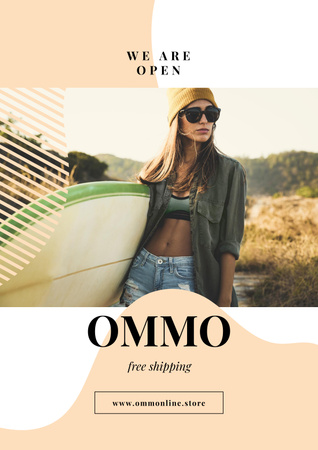Woman with surfboard at the beach Poster Design Template