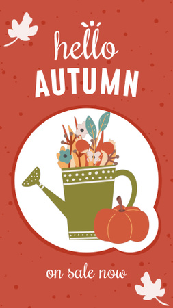 Plantilla de diseño de Oferta de otoño con linda regadera y calabaza Instagram Video Story 