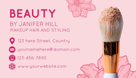 Plantilla de diseño de Anuncio de salón de belleza con hermosa mujer rubia sosteniendo lápiz labial rojo Business Card US 