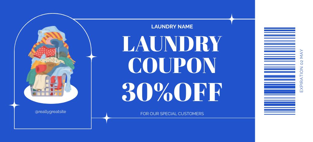 Designvorlage Offer Discounts on Laundry Service with Pile of Laundry in Basket für Coupon 3.75x8.25in