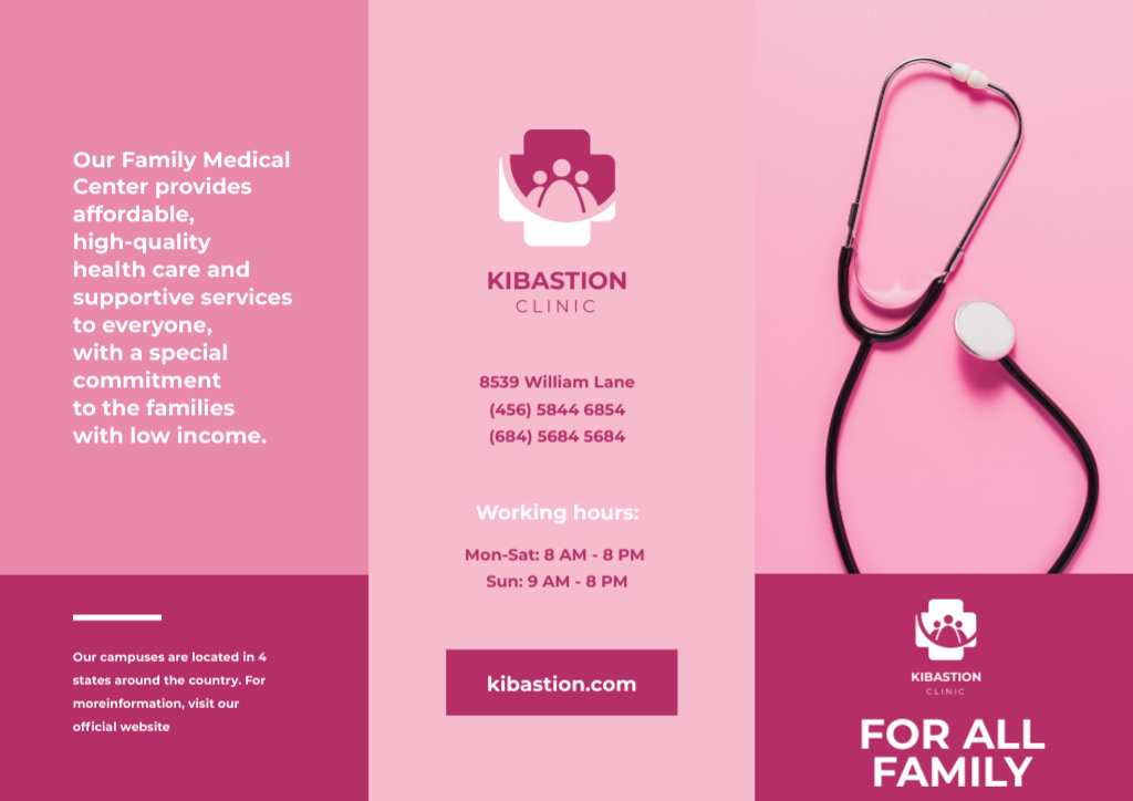 Szablon projektu Family Medical Center Services Offer on Pink Brochure