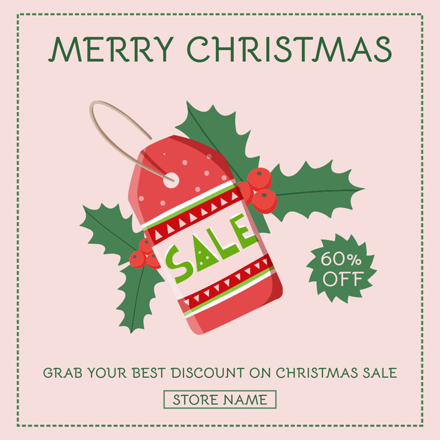 Christmas Sale Offer with Holly Illustration Instagram ADデザインテンプレート