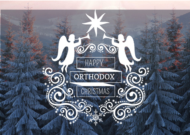 Template di design Happy Orthodox Christmas Angels over Snowy Trees Card