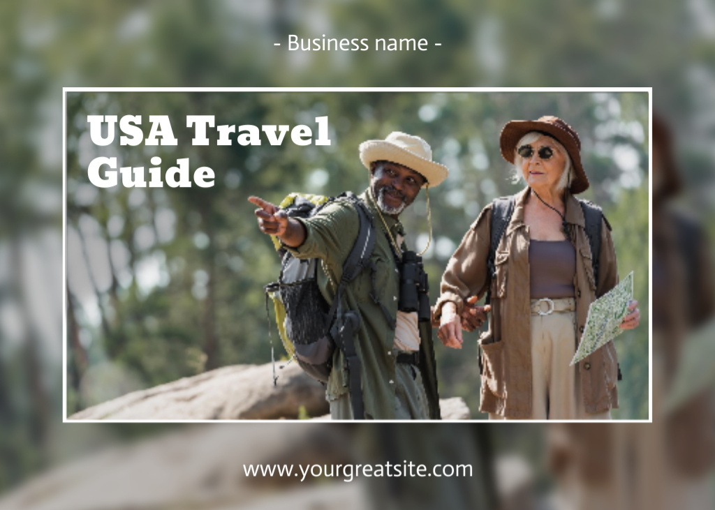 Designvorlage USA Travel Guide With Tourists in Forest für Postcard 5x7in