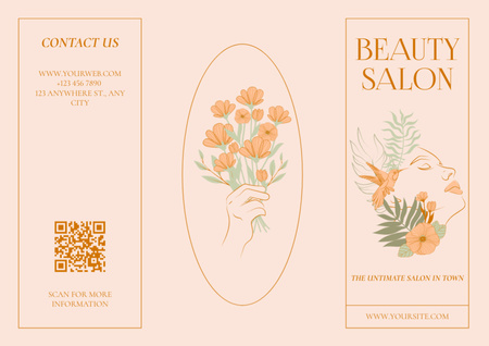 Ontwerpsjabloon van Brochure van Advertentie voor schoonheidssalon met abstract vrouwengezicht met vogel en bloemen
