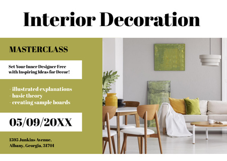 Template di design Interior Decoration Masterclass Ad with Modern Living Room Interior Flyer A6 Horizontal