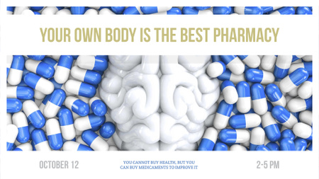 Pharmacy advertisement with brain and pills FB event cover tervezősablon