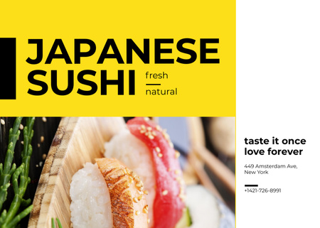 Modèle de visuel Annonce de restaurant japonais avec des sushis frais - Flyer 5x7in Horizontal