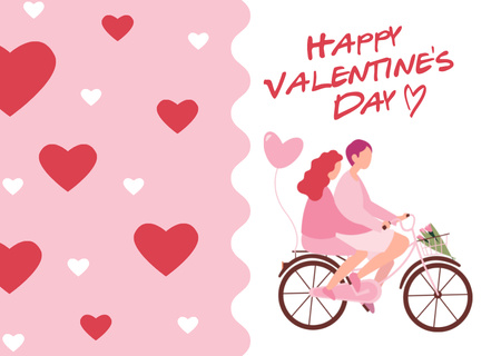 Happy Valentine's Day Greetings with Couple in Love on Bicycle Cardデザインテンプレート
