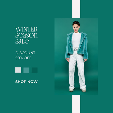 Seasonal Winter Sale Announcement with Young Woman in Fur Coat Instagram Design Template
