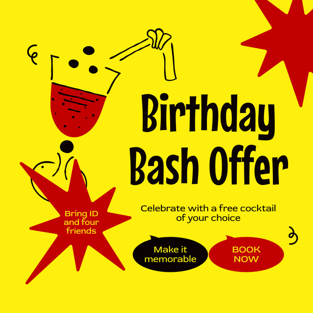 Modèle de visuel Birthday Bash Free Cocktail Offer - Instagram AD