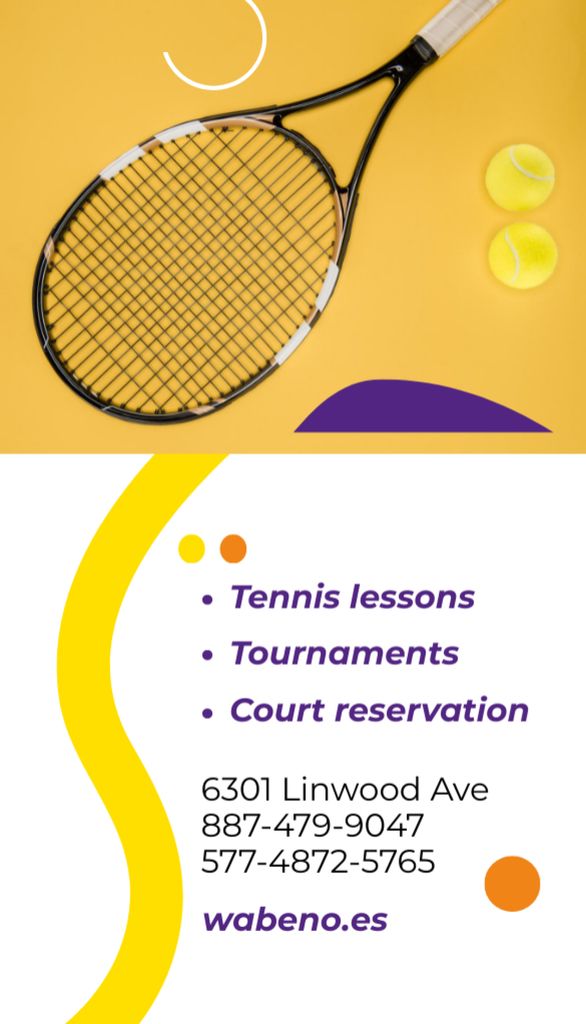 Plantilla de diseño de Tennis School Ad with Young Woman with Racket Business Card US Vertical 