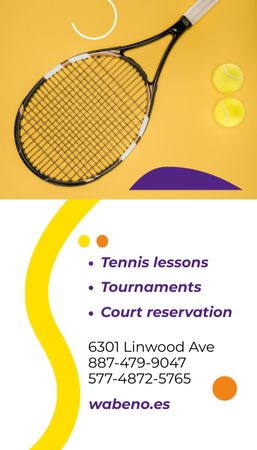 Tennis School Ad with Young Woman with Racket Business Card US Vertical Design Template