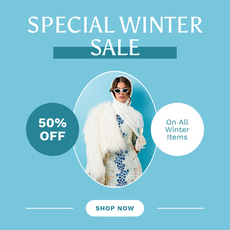 Winter Special Sale Announcement with Stylish Woman on Blue Instagram Design Template