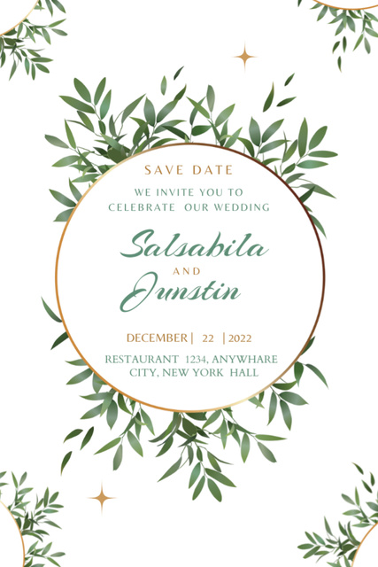Wedding Event Announcement With Green Leaves Illustration Postcard 4x6in Vertical Design Template