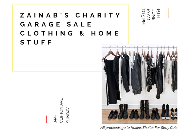 Charity Sale Announcement with Black Clothes on Hangers Postcard Design Template