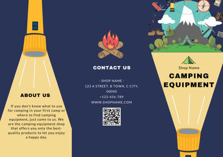 Camping Equipment Sale with Flashlight and Scenery Brochure Design Template