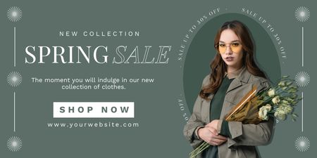 Designvorlage Spring Collection Sale with Stylish Woman with Flowers für Twitter