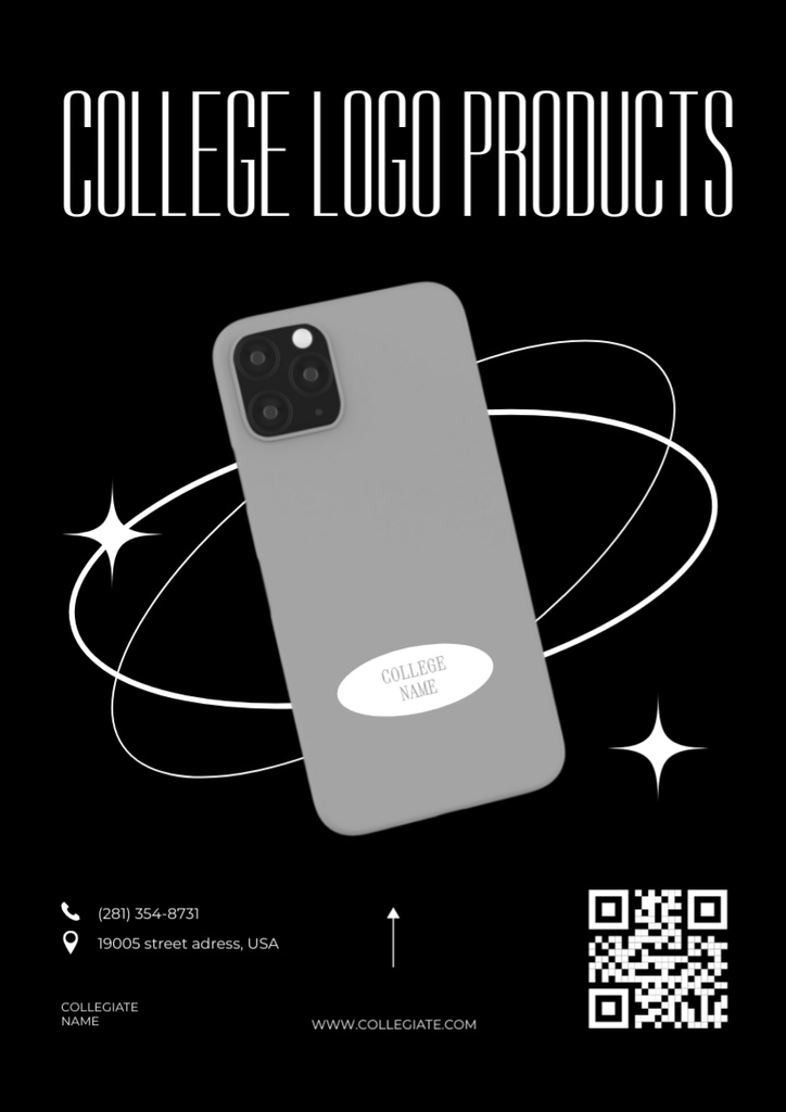 College Merch Offer With Smartphone Stickers In Black Poster A3 Design Template