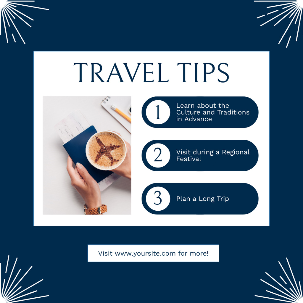Coffee Cup and Tickets for Travel Tips Instagram Modelo de Design