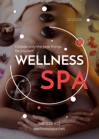 Wellness Spa Ad with Woman Relaxing at Stones Massage Flyer A6デザインテンプレート