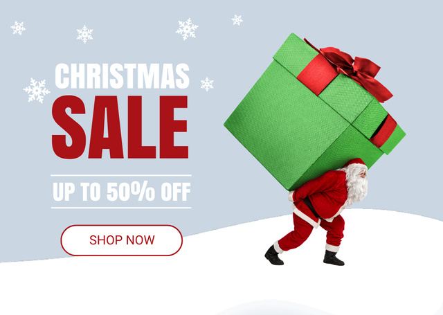 Ontwerpsjabloon van Card van Santa Carries Gift Box on Christmas Sale