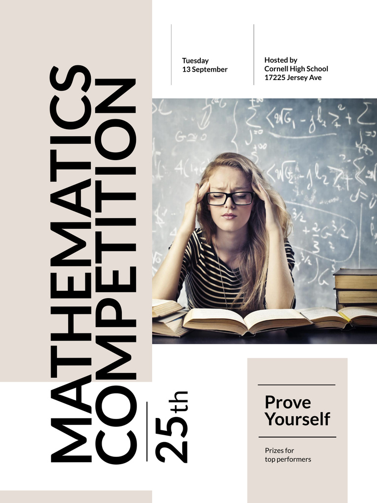 Mathematics Competition Announcement with Thoughtful Girl Poster US tervezősablon
