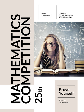 Plantilla de diseño de concurso de matemáticas anuncio con chica pensativa Poster US 