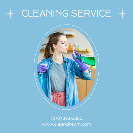 Cleaning Service Ad with Girl in Gloved and Sprayers Instagram Design Template